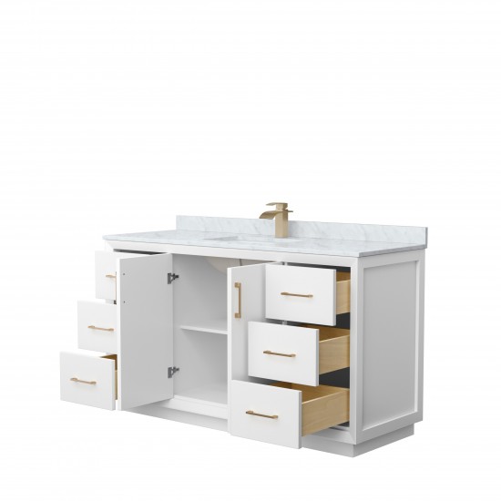 Strada 60" Single Vanity in White, White Carrara Marble Top, Sink, Bronze Trim