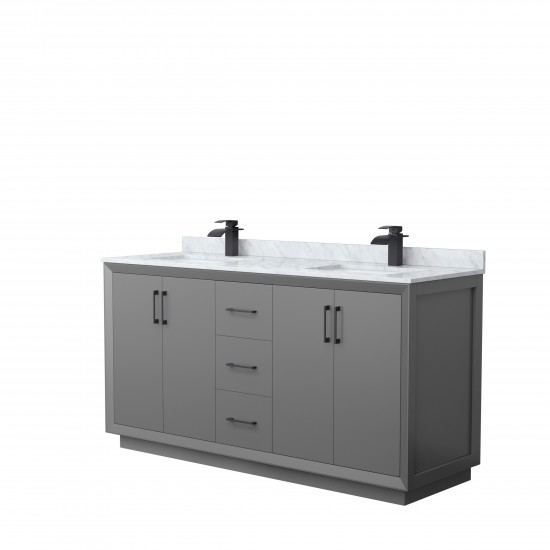 Strada 66" Double Vanity in Gray, White Carrara Marble Top, Sink, Black Trim