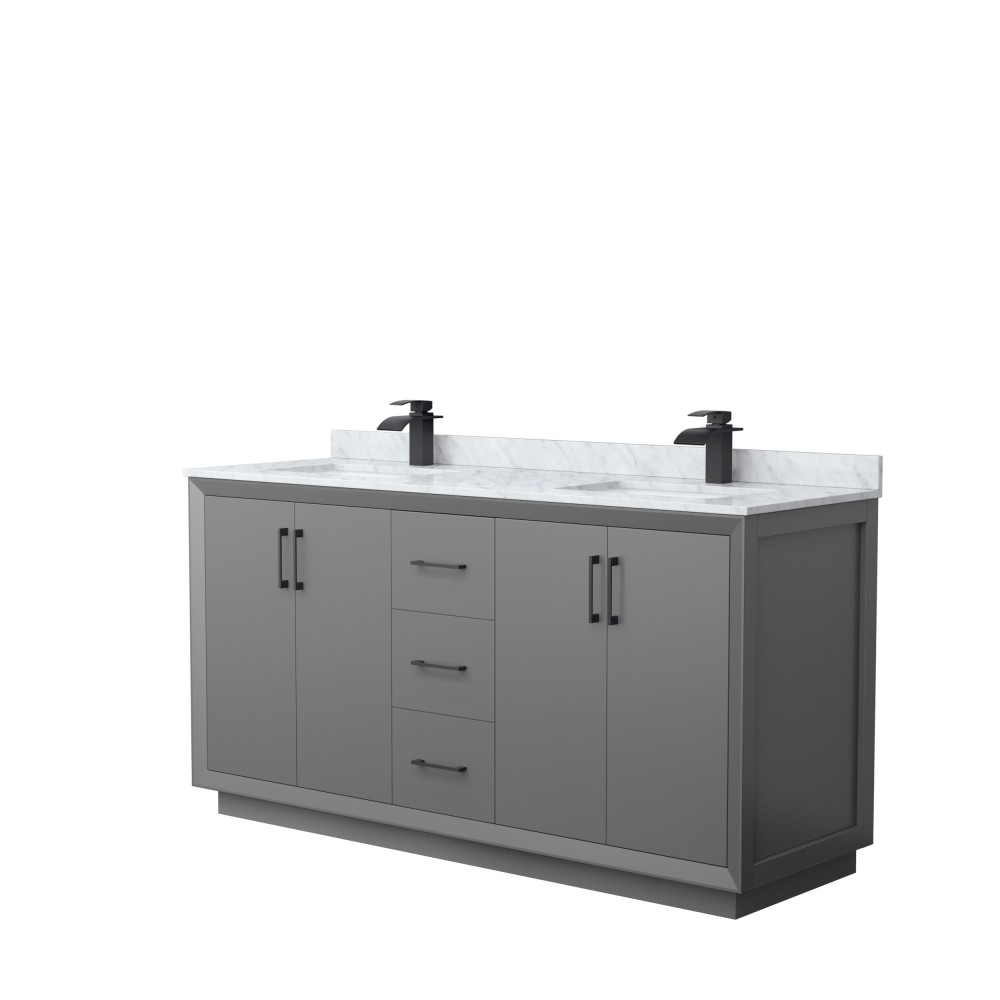 Strada 66" Double Vanity in Gray, White Carrara Marble Top, Sink, Black Trim