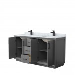 Strada 66" Double Vanity in Gray, White Carrara Marble Top, Sink, Black Trim