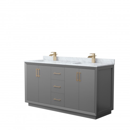 Strada 66" Double Vanity in Gray, White Carrara Marble Top, Sink, Bronze Trim