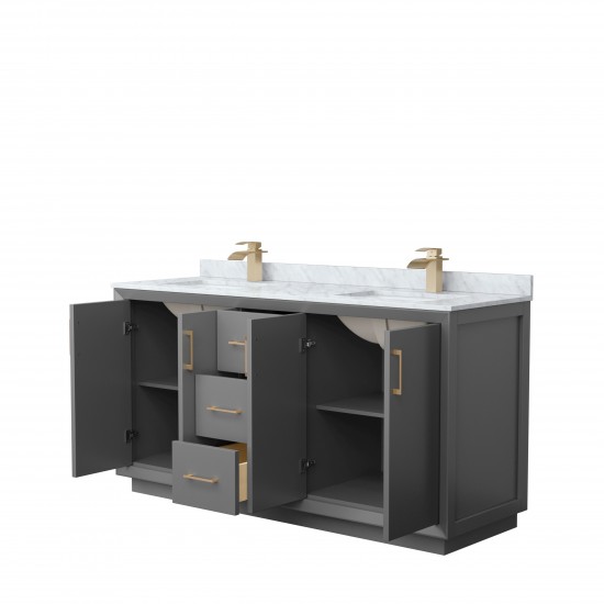 Strada 66" Double Vanity in Gray, White Carrara Marble Top, Sink, Bronze Trim