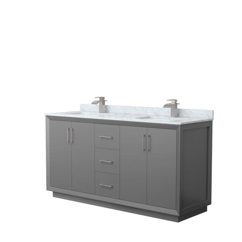 Strada 66" Double Vanity in Gray, White Carrara Marble Top, Sink, Nickel Trim