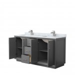 Strada 66" Double Vanity in Gray, White Carrara Marble Top, Sink, Nickel Trim