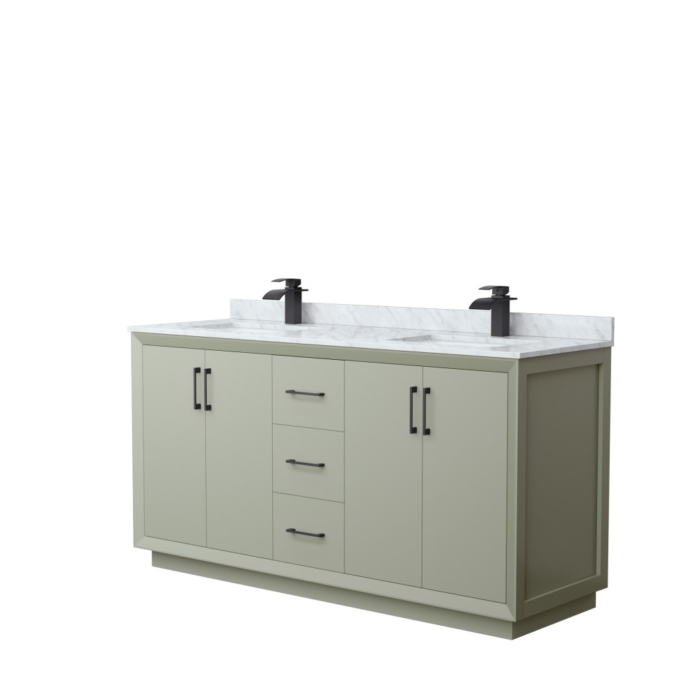 Strada 66" Double Vanity in Green, White Carrara Marble Top, Sinks, Black Trim