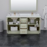 Strada 66" Double Vanity in Green, White Carrara Marble Top, Sinks, Black Trim