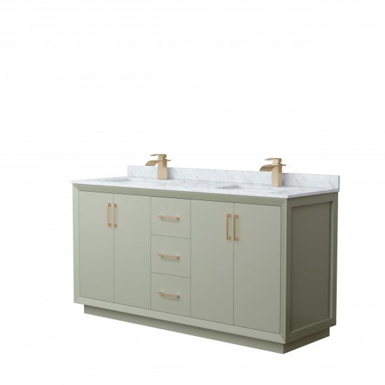 Strada 66" Double Vanity in Green, White Carrara Marble Top, Sinks, Bronze Trim