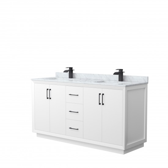 Strada 66" Double Vanity in White, White Carrara Marble Top, Sink, Black Trim