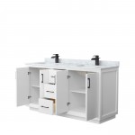 Strada 66" Double Vanity in White, White Carrara Marble Top, Sink, Black Trim