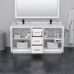 Strada 66" Double Vanity in White, White Carrara Marble Top, Sink, Black Trim