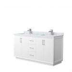 Strada 66" Double Vanity in White, White Carrara Marble Top, Sink, Nickel Trim