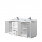 Strada 66" Double Vanity in White, White Carrara Marble Top, Sink, Nickel Trim