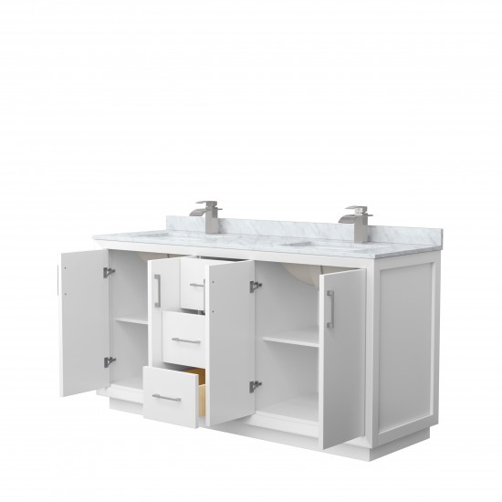 Strada 66" Double Vanity in White, White Carrara Marble Top, Sink, Nickel Trim