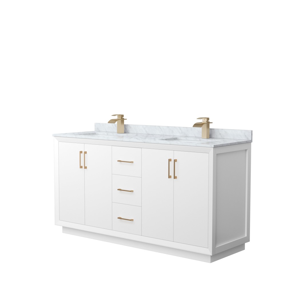 Strada 66" Double Vanity in White, White Carrara Marble Top, Sink, Bronze Trim