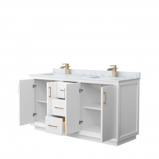 Strada 66" Double Vanity in White, White Carrara Marble Top, Sink, Bronze Trim