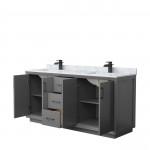 Strada 72" Double Vanity in Gray, White Carrara Marble Top, Sink, Black Trim