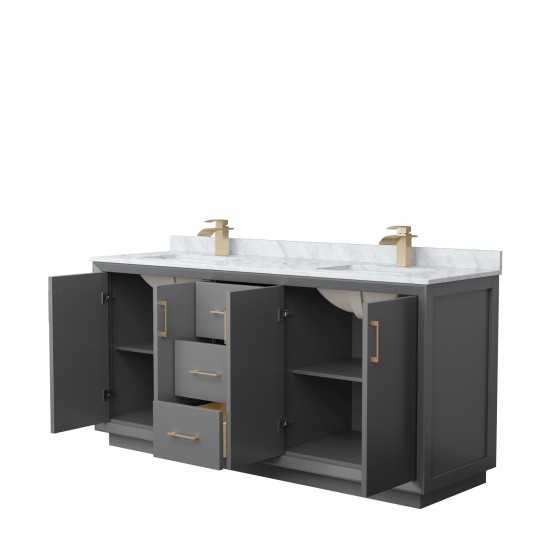 Strada 72" Double Vanity in Gray, White Carrara Marble Top, Sink, Bronze Trim