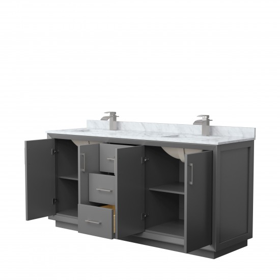 Strada 72" Double Vanity in Gray, White Carrara Marble Top, Sink, Nickel Trim