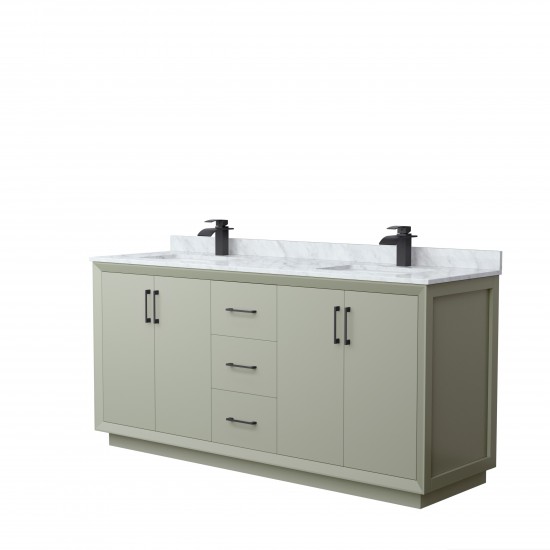 Strada 72" Double Vanity in Green, White Carrara Marble Top, Sinks, Black Trim