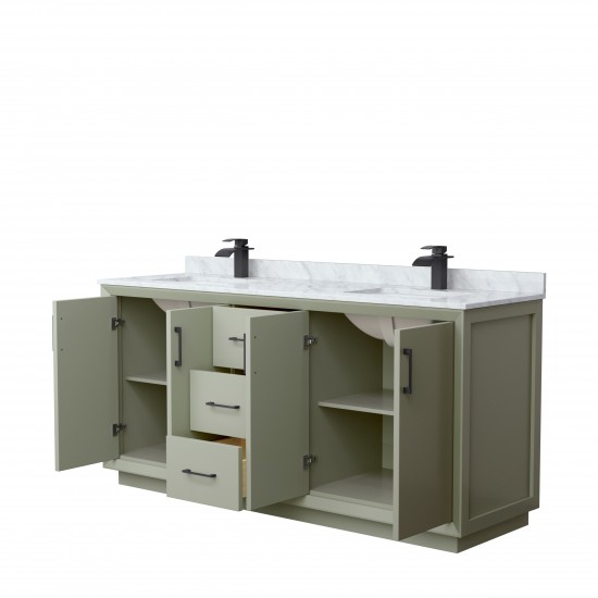 Strada 72" Double Vanity in Green, White Carrara Marble Top, Sinks, Black Trim