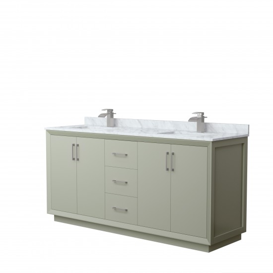 Strada 72" Double Vanity in Green, White Carrara Marble Top, Sinks, Nickel Trim