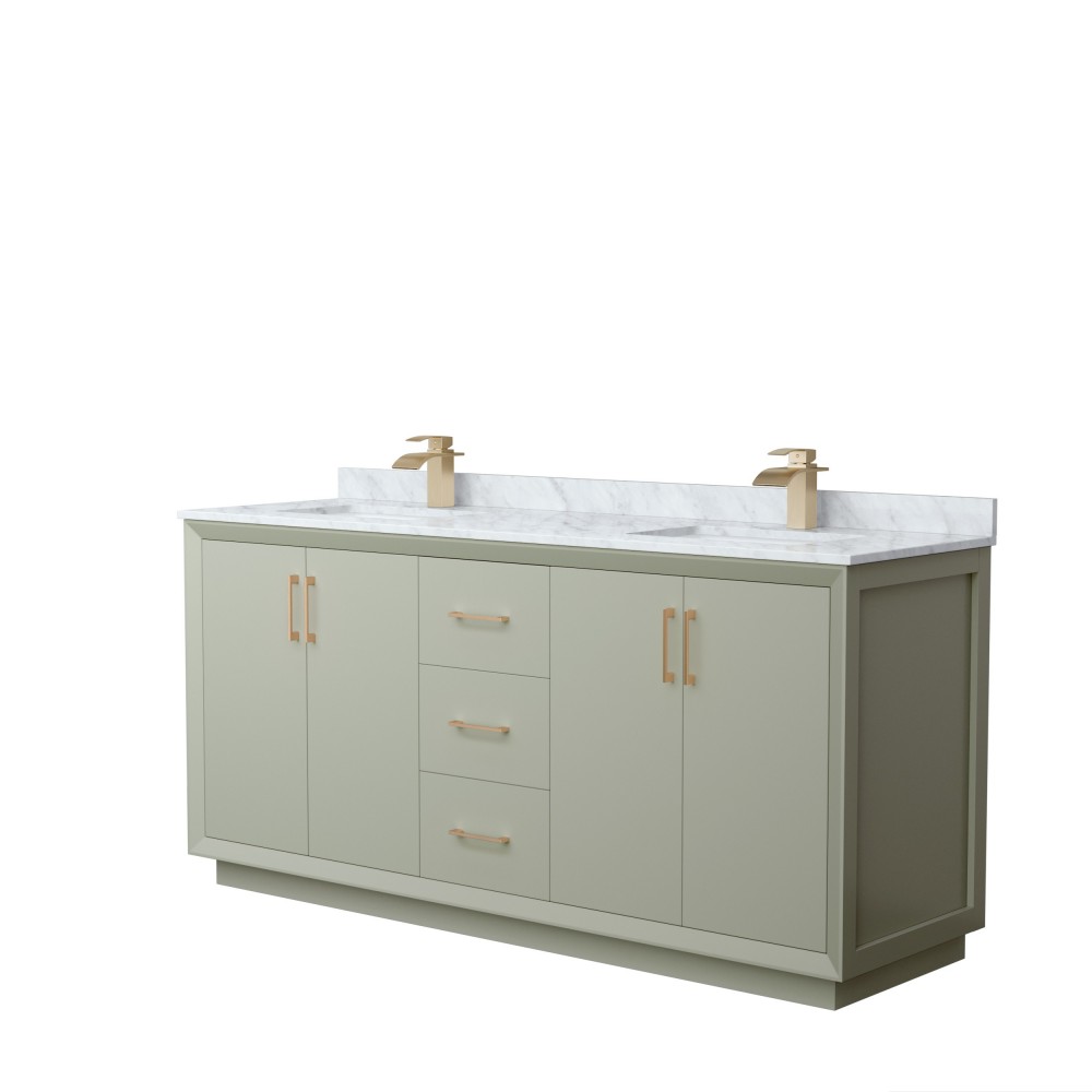 Strada 72" Double Vanity in Green, White Carrara Marble Top, Sinks, Bronze Trim