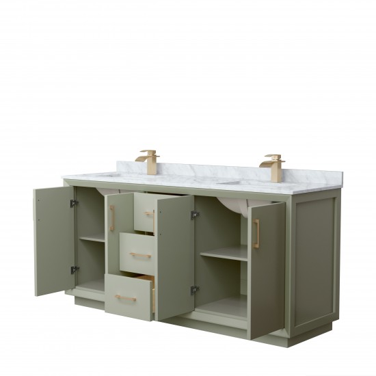 Strada 72" Double Vanity in Green, White Carrara Marble Top, Sinks, Bronze Trim