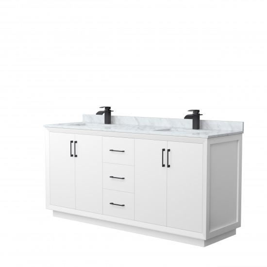 Strada 72" Double Vanity in White, White Carrara Marble Top, Sink, Black Trim