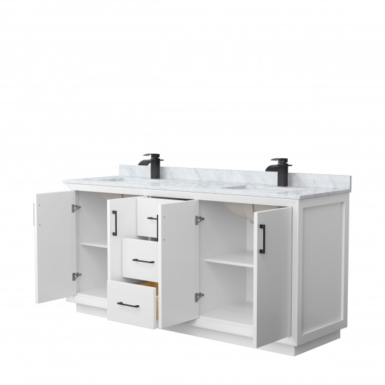 Strada 72" Double Vanity in White, White Carrara Marble Top, Sink, Black Trim