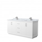 Strada 72" Double Vanity in White, White Carrara Marble Top, Sink, Nickel Trim