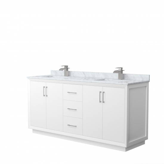 Strada 72" Double Vanity in White, White Carrara Marble Top, Sink, Nickel Trim