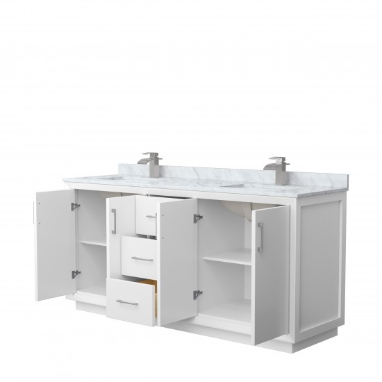 Strada 72" Double Vanity in White, White Carrara Marble Top, Sink, Nickel Trim