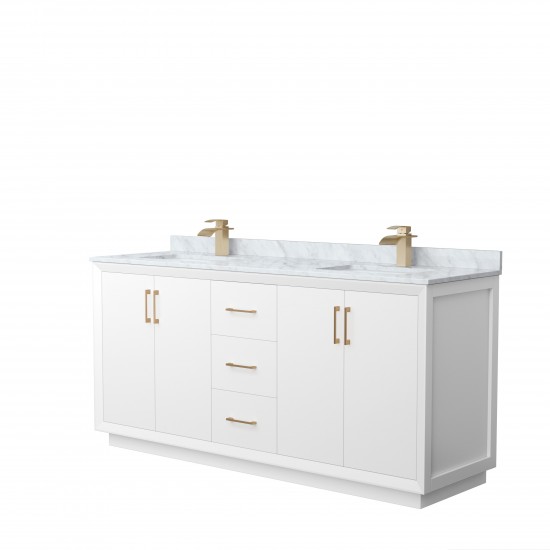 Strada 72" Double Vanity in White, White Carrara Marble Top, Sink, Bronze Trim