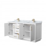 Strada 72" Double Vanity in White, White Carrara Marble Top, Sink, Bronze Trim