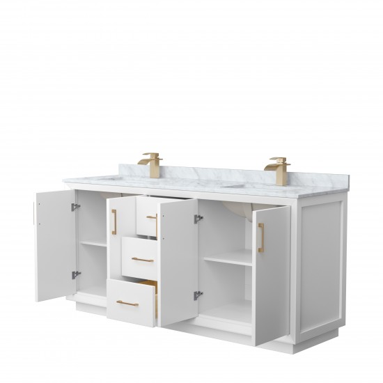 Strada 72" Double Vanity in White, White Carrara Marble Top, Sink, Bronze Trim