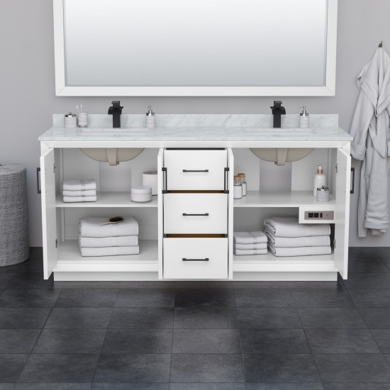 Strada 72" Double Vanity in White, White Carrara Marble Top, Sink, Bronze Trim