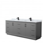 Strada 84" Double Vanity in Gray, White Carrara Marble Top, Sink, Black Trim