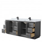 Strada 84" Double Vanity in Gray, White Carrara Marble Top, Sink, Black Trim