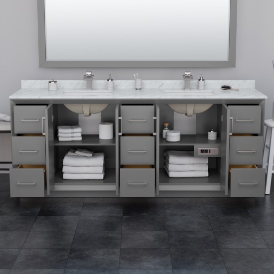 Strada 84" Double Vanity in Gray, White Carrara Marble Top, Sink, Black Trim