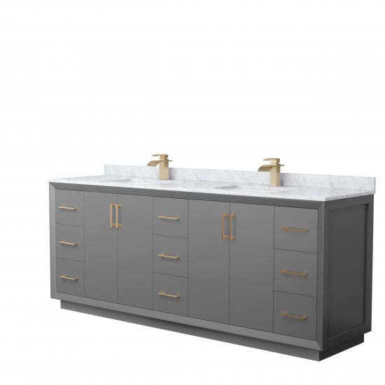 Strada 84" Double Vanity in Gray, White Carrara Marble Top, Sink, Bronze Trim