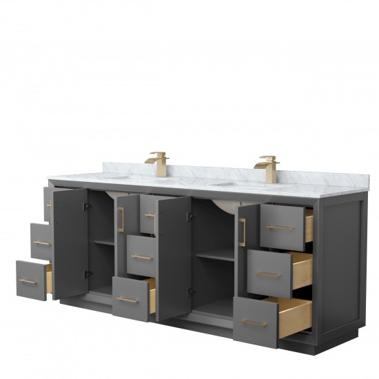 Strada 84" Double Vanity in Gray, White Carrara Marble Top, Sink, Bronze Trim