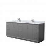 Strada 84" Double Vanity in Gray, White Carrara Marble Top, Sink, Nickel Trim