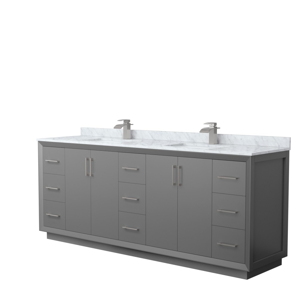 Strada 84" Double Vanity in Gray, White Carrara Marble Top, Sink, Nickel Trim