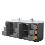 Strada 84" Double Vanity in Gray, White Carrara Marble Top, Sink, Nickel Trim