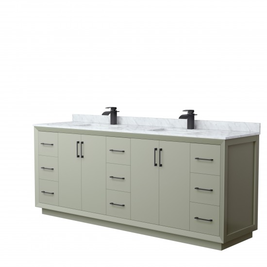 Strada 84" Double Vanity in Green, White Carrara Marble Top, Sinks, Black Trim