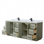 Strada 84" Double Vanity in Green, White Carrara Marble Top, Sinks, Black Trim