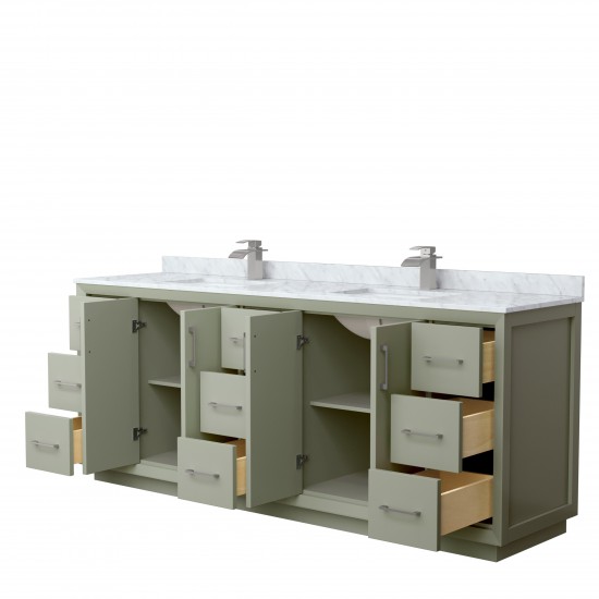 Strada 84" Double Vanity in Green, White Carrara Marble Top, Sinks, Nickel Trim