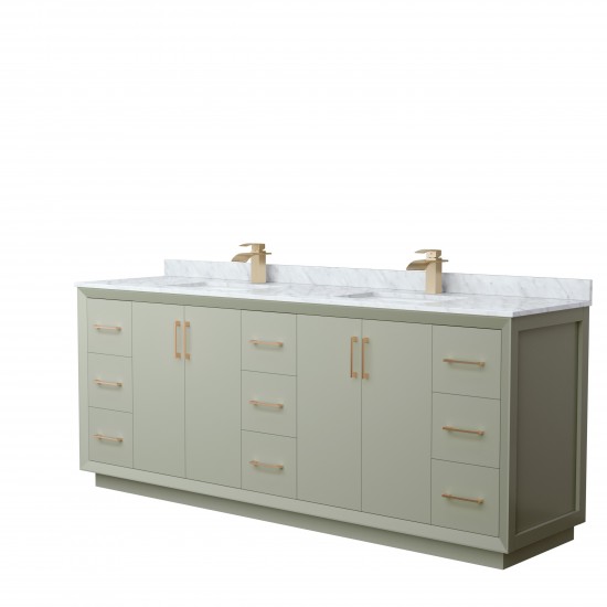 Strada 84" Double Vanity in Green, White Carrara Marble Top, Sinks, Bronze Trim