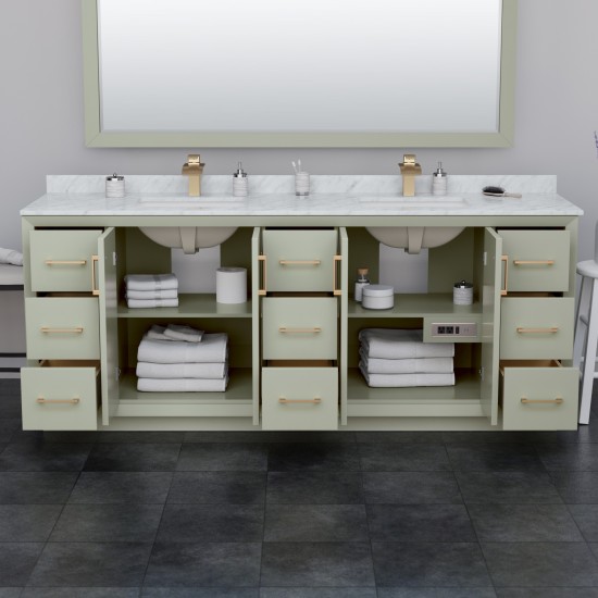 Strada 84" Double Vanity in Green, White Carrara Marble Top, Sinks, Bronze Trim