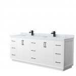 Strada 84" Double Vanity in White, White Carrara Marble Top, Sink, Black Trim